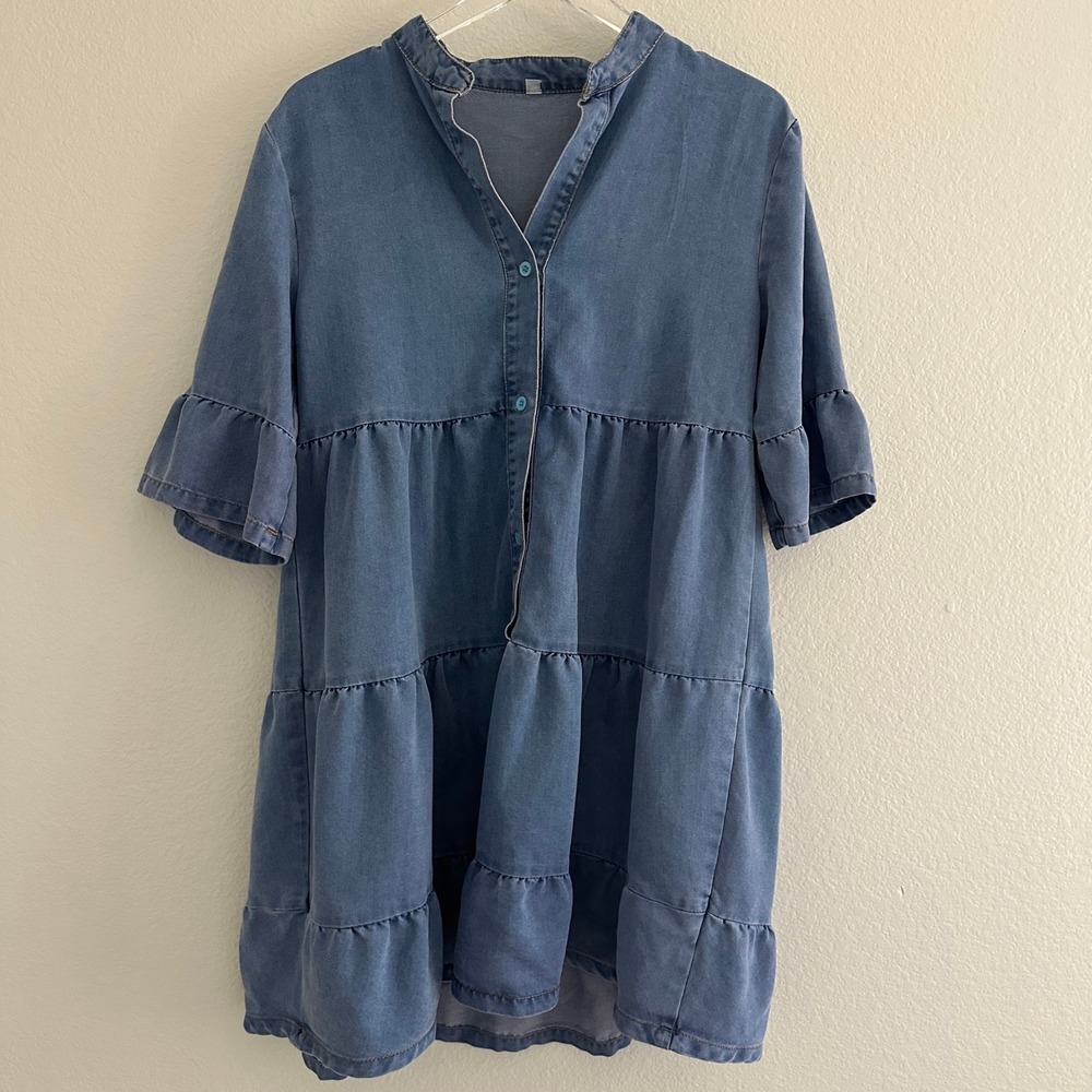 Babydoll Tiered Dress Womens Size Medium Blue Denim Lyocell Ruffle